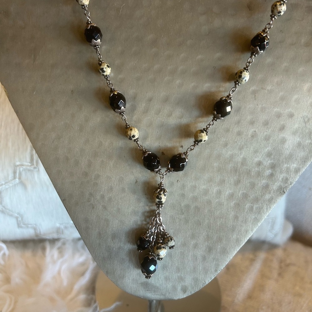 French Onyx, Dalmatian Faceted Beads, 925 Sterling Silver Necklace & Earrings.